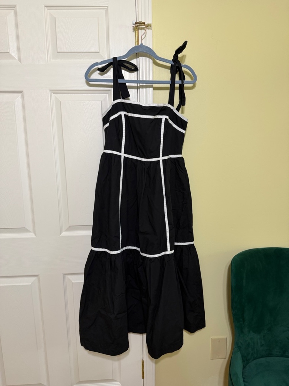 Black Tie-Shoulder Midi Dress with White Trim